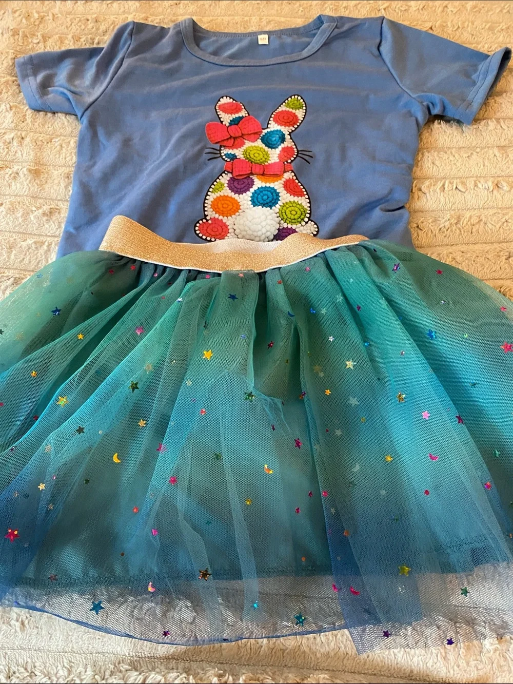 NWOT - Blue Bunny Applique Tee with Teal Star Tulle Skirt